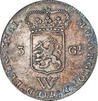 obverse of 3 Gulden (1794) coin with KM# 4 from Netherlands Antilles. Inscription: MO:ARG:ORD:FŒD:BELG:TRAI. 3 GL. W