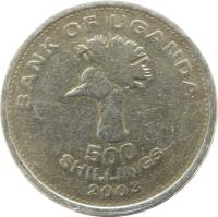 reverse of 500 Shillings (1998 - 2008) coin with KM# 69 from Uganda. Inscription: BANK OF UGANDA 500 SHILLINGS 2003