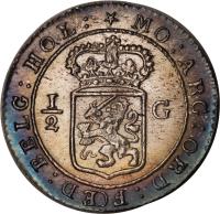 obverse of 1/2 Gulden (1802) coin with KM# 82 from Netherlands East Indies. Inscription: MO: ARG: ORD: FŒD: BELG: HOL: ½ G