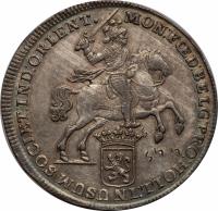 obverse of 1 Ducaton (1728 - 1741) coin with KM# 71 from Netherlands East Indies. Inscription: MON: FŒD: BELG: PRO: HOLL: IN USUM SOCIET: IND: ORIENT.