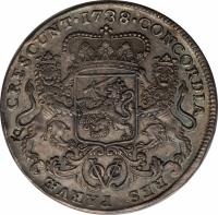 Netherlands East Indies coin 1 Ducaton (1728 - 1741) reverse reverse of 1 Ducaton (1728 - 1741) coin with KM# 71 from Netherlands East Indies. Inscription: CRESCUNT · 1783 · CONCORDIA VOC RES PARVAE