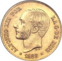 Philippines coin 4 Pesos - Alfonso XII (1880 - 1885) obverse obverse of 4 Pesos - Alfonso XII (1880 - 1885) coin with KM# 151 from Philippines. Inscription: ALFONSO XII POR LA G · DE DIOS * 1882 *