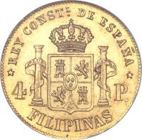 Philippines coin 4 Pesos - Alfonso XII (1880 - 1885) reverse reverse of 4 Pesos - Alfonso XII (1880 - 1885) coin with KM# 151 from Philippines. Inscription: * REY CONSTL. DE ESPAÑA * 4 P. FILIPINAS