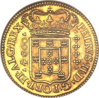obverse of 4000 Réis - Pedro II (1683 - 1706) coin with KM# 156 from Portugal. Inscription: PETRVS.II.D.G.PORT.ET.ALG.REX *4000*