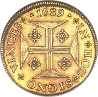 reverse of 4000 Réis - Pedro II (1683 - 1706) coin with KM# 156 from Portugal. Inscription: *1689* *IN*HOC*SIGNO*VINCES