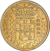 obverse of 4000 Réis - João V (1712 - 1714) coin with KM# 195 from Portugal. Inscription: IOANNES.V.D.G.PORT.ET.ALG.REX 4000