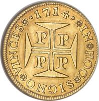 reverse of 4000 Réis - João V (1712 - 1714) coin with KM# 195 from Portugal. Inscription: *1714* *IN*HOC*SIGNO*VINCES PP PP