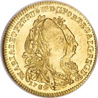 obverse of 1/2 Escudo - Maria I & Pedro III (1777 - 1784) coin with KM# 269 from Portugal. Inscription: MARIA.I.ET.PETRUS.III.D.G.PORT.ET.ALG.REGES 1784