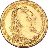 obverse of 1 Peça - Maria I & Pedro III (1777 - 1781) coin with KM# 271 from Portugal. Inscription: MARIA · I · ET · PETRUS · III · D · G · PORT · ET · ALG · REGENS · 1779.	R