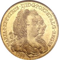 obverse of 1 Peça - Maria I & Pedro III (1782 - 1785) coin with KM# 281 from Portugal. Inscription: MARIA · I · ET · PETRUS · III · D · G · PORT · ET · ALG · REGES 1783