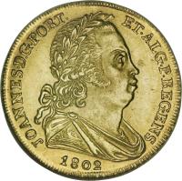 obverse of 1 Peça - João Prince Regent (1802) coin with KM# 332 from Portugal. Inscription: JOANNES · D.G · PORT · 	ET · ALG · REGENS 1802