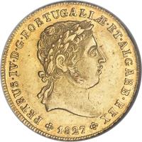 obverse of 1/2 Peça - Pedro IV (1827) coin with KM# 379 from Portugal. Inscription: PETRUS · IV · D · G · PORTUGALIƷET · ALGARB · REX 1827