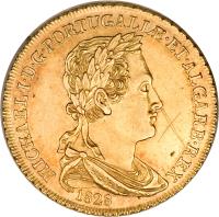 Portugal coin 1/2 Peça - Miguel (1828) obverse obverse of 1/2 Peça - Miguel (1828) coin with KM# 387 from Portugal. Inscription: MICHAEL · I · D · G · PORTUGALIƷET · ALGARB · REX 1828