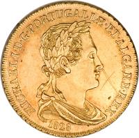 obverse of 1/2 Peça - Miguel (1828) coin with KM# 387 from Portugal. Inscription: MICHAEL · I · D · G · PORTUGALIƷET · ALGARB · REX 1828