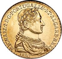 obverse of 1/2 Peça - Miguel (1830 - 1831) coin with KM# 396 from Portugal. Inscription: MICHAEL · I · D · G · PORTUGALIƷET · ALGARB · REX 1830