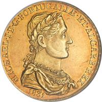 obverse of 1 Peça - Miguel (1830 - 1831) coin with KM# 397 from Portugal. Inscription: MICHAEL · I · D · G · PORTUGALIƷET · ALGARB · REX 1831