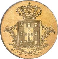 reverse of 1 Peça - Miguel (1830 - 1831) coin with KM# 397 from Portugal. Inscription: MICHAELIS.I.D.G.PORTUGALI · .ET.ALGARB.REX 1831
