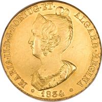 obverse of 1 Peça - Maria II (1833 - 1834) coin with KM# 405 from Portugal. Inscription: MARIA · II · D · G · PORTUG · ET · 	ALGARB · REGINA * 1834 *