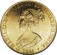 obverse of 1 Peça - Maria II (1835) coin with KM# 407 from Portugal. Inscription: MARIA · II · D · G · PORTUG · ET · ALGARB · REGINA * 1835 *