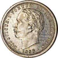 Portugal coin 100 Réis - Luiz I (1888) obverse obverse of 100 Réis - Luiz I (1888) coin with KM# Pn179 from Portugal. Inscription: LUDOVICUS · I · PORTUG: ET · ALGARB: REX · 1888 ·