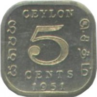 Ceylon coin 5 Cents - George VI (1951) reverse reverse of 5 Cents - George VI (1951) coin with KM# 120 from Ceylon. Inscription: CEYLON 5 CENTS 1951