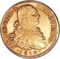 Chile coin 8 Escudos - Fernando VII - Colonial Milled Coinage (1811 - 1817) obverse obverse of 8 Escudos - Fernando VII - Colonial Milled Coinage (1811 - 1817) coin with KM# 78 from Chile. Inscription: FERDIN · VII · D · G HISP · ET · IND · R · · 1813 ·