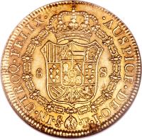 reverse of 8 Escudos - Fernando VII - Colonial Milled Coinage (1811 - 1817) coin with KM# 78 from Chile. Inscription: · AUSPICE · DEO · 	 · IN · UTROQ · FELIX · 8	S Sᴼ · 	 · F.J
