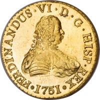 obverse of 8 Escudos - Fernando VI - Colonial Milled Coinage (1750 - 1758) coin with KM# 3 from Chile.