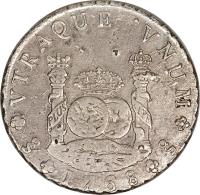 Chile coin 8 Reales - Carlos III - Colonial Milled Coinage (1760 - 1770) reverse reverse of 8 Reales - Carlos III - Colonial Milled Coinage (1760 - 1770) coin with KM# 18 from Chile.