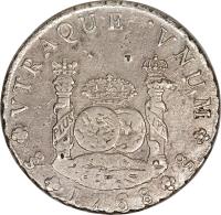 reverse of 8 Reales - Carlos III - Colonial Milled Coinage (1760 - 1770) coin with KM# 18 from Chile.