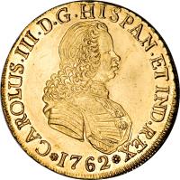 obverse of 8 Escudos - Carlos III - Colonial Milled Coinage (1760 - 1763) coin with KM# 20 from Chile.