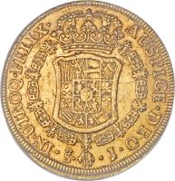 Chile coin 8 Escudos - Carlos III - Colonial Milled Coinage (1764 - 1772) reverse reverse of 8 Escudos - Carlos III - Colonial Milled Coinage (1764 - 1772) coin with KM# 25 from Chile.