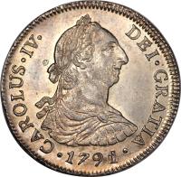 Chile coin 4 Reales - Carlos IV - Colonial Milled Coinage (1789 - 1791) obverse obverse of 4 Reales - Carlos IV - Colonial Milled Coinage (1789 - 1791) coin with KM# 38 from Chile.