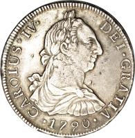 Chile coin 8 Reales - Carlos IV - Colonial Milled Coinage (1789 - 1791) obverse obverse of 8 Reales - Carlos IV - Colonial Milled Coinage (1789 - 1791) coin with KM# 39 from Chile.