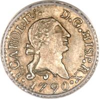 Chile coin 1/4 Real - Carlos IV - Colonial Milled Coinage (1790 - 1791) obverse obverse of 1/4 Real - Carlos IV - Colonial Milled Coinage (1790 - 1791) coin with KM# 43 from Chile.