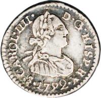 obverse of 1/4 Real - Carlos IV - Colonial Milled Coinage (1792) coin with KM# 55 from Chile.