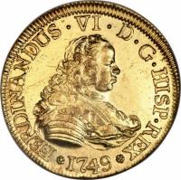 Chile coin 4 Escudos - Fernando VI - Colonial Milled Coinage (1749 - 1758) obverse obverse of 4 Escudos - Fernando VI - Colonial Milled Coinage (1749 - 1758) coin with KM# 2 from Chile.