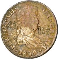 Chile coin 8 Reales - Fernando VII - Countermarked Coinage (1822 - 1835) obverse obverse of 8 Reales - Fernando VII - Countermarked Coinage (1822 - 1835) coin with KM# 2 from Chile.