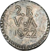 reverse of 2 Reales (1822 - 1835) coin with KM# 2 from Chile. Inscription: 2.R. V · A 1822
