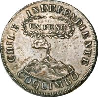 Chile coin 1 Peso - Coquimbo (1828) obverse obverse of 1 Peso - Coquimbo (1828) coin with KM# 88 from Chile. Inscription: CHILE INDEPENDIENTE UN PESO COQUIMBO
