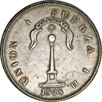 Chile coin 1 Peso - Coquimbo (1828) reverse reverse of 1 Peso - Coquimbo (1828) coin with KM# 88 from Chile. Inscription: UNION Y FUERZA T. H. LIBERTAD 1828