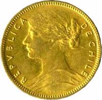 Chile coin 20 Pesos (1896 - 1917) obverse obverse of 20 Pesos (1896 - 1917) coin with KM# 158 from Chile. Inscription: REPVBLICA DE CHILE