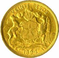 Chile coin 20 Pesos (1896 - 1917) reverse reverse of 20 Pesos (1896 - 1917) coin with KM# 158 from Chile. Inscription: VEINTE PESOS 1896