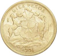 Chile coin 10 Pesos (1896 - 1901) reverse reverse of 10 Pesos (1896 - 1901) coin with KM# 157 from Chile. Inscription: DIEZ PESOS 1901