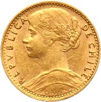 obverse of 5 Pesos (1897 - 1911) coin with KM# 159 from Chile. Inscription: REPVBLICA DE CHILE