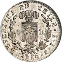 reverse of 1 Real - Larger (1838 - 1842) coin with KM# 94 from Chile.