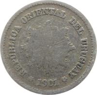 obverse of 5 Centésimos (1901 - 1941) coin with KM# 21 from Uruguay. Inscription: REPÚBLICA ORIENTAL DEL URUGUAY *1901*