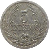 reverse of 5 Centésimos (1901 - 1941) coin with KM# 21 from Uruguay. Inscription: 5 CENTÉSIMOS A