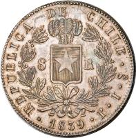 Chile coin 8 Reales (1837 - 1849) reverse reverse of 8 Reales (1837 - 1849) coin with KM# 96 from Chile.