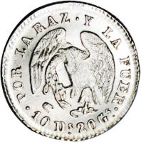 obverse of 1/2 Real (1838 - 1840) coin with KM# 98.1 from Chile. Inscription: · POR LA RAZ · Y LA FUER · 10Ds 20Gs